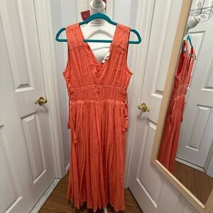 Joie Margaretta Crinkle Sleeveless MIDI Dress Orange Sherbet Floral Tie Accents